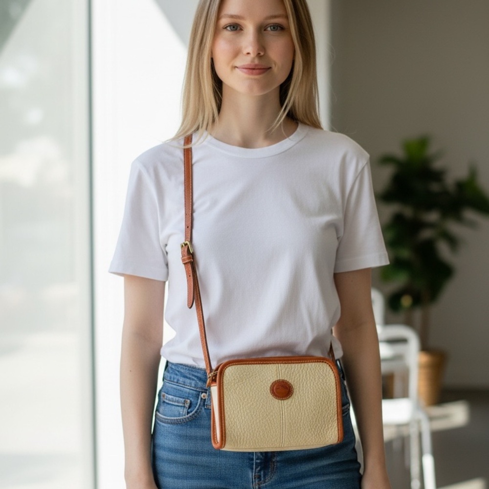 Dooney & Bourke Cream and Brown Short Shoklder Zio Top Bag Vintage and Rare!